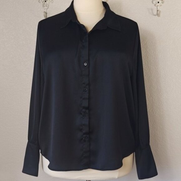 Joie Size XXL Black Button Down Blouse Black Satin Long Sleeve - Picture 2 of 6